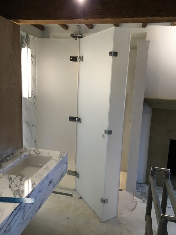 Bespoke frosted glass shower enclosure in Hemel Hempstead luxury bathroom